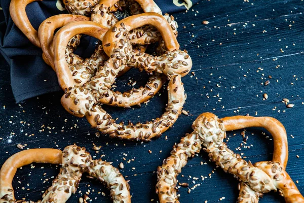 Fresh Prepared Homemade Soft Pretzels Different Types Baked Bagels Seeds — Stock Photo, Image