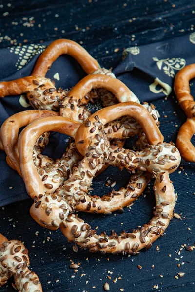 Fresh Prepared Homemade Soft Pretzels Different Types Baked Bagels Seeds — Stock Photo, Image