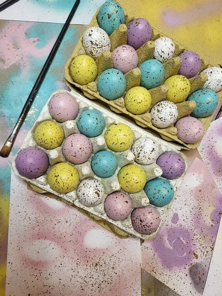 Fondo Huevos Pascua Pintados Mano Pastel Tarjeta Felicitación Invitación Feliz — Foto de Stock