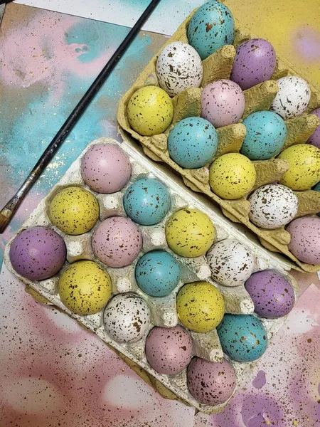 Fondo Huevos Pascua Pintados Mano Pastel Tarjeta Felicitación Invitación Feliz —  Fotos de Stock