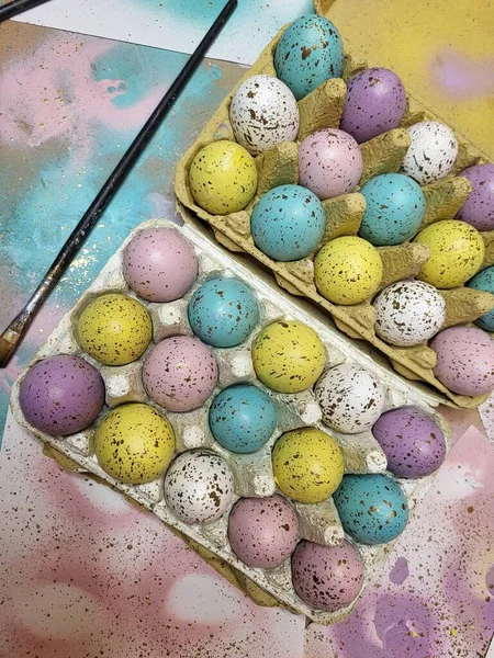 Fondo Huevos Pascua Pintados Mano Pastel Tarjeta Felicitación Invitación Feliz — Foto de Stock