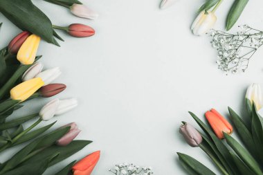 Üzerinde pembe ve beyaz renkli lale demeti olan pankart. Bahar kavramı, kadınlar günü, anneler günü, 8 Mart, bayram tebrikleri.