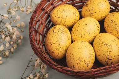 El boyası pastel renkli Paskalya yumurtaları. Mutlu Paskalya tebrik kartları ya da davetiyeler.