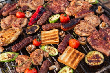 Dışarıdaki ateşte çok çeşitli ızgara et var. Etli piknik: sosis, domuz eti, sebzeli tavuk göğsü.. 
