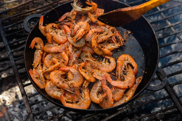 Crevettes Fraîches Croustillantes Cuites Dans Une Poêle Frire État Sauvage — Photo