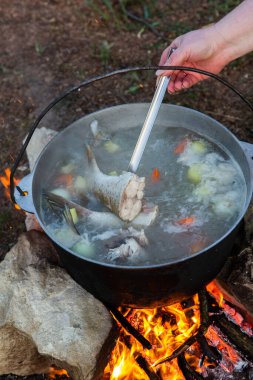 Açık ateşte hazırlanmış balık çorbası. Çaydanlıkta açık ateşte balık çorbası pişirmek. Turizm ve balıkçılıkta yemek pişirmek