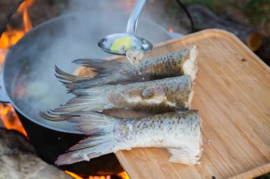 Açık ateşte hazırlanmış balık çorbası. Çaydanlıkta açık ateşte balık çorbası pişirmek. Turizm ve balıkçılıkta yemek pişirmek