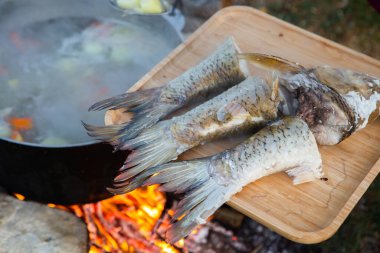 Açık ateşte hazırlanmış balık çorbası. Çaydanlıkta açık ateşte balık çorbası pişirmek. Turizm ve balıkçılıkta yemek pişirmek