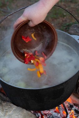 Açık ateşte hazırlanmış balık çorbası. Çaydanlıkta açık ateşte balık çorbası pişirmek. Turizm ve balıkçılıkta yemek pişirmek