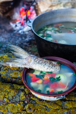 Açık ateşte hazırlanmış balık çorbası. Çaydanlıkta açık ateşte balık çorbası pişirmek. Turizm ve balıkçılıkta yemek pişirmek