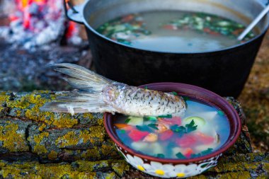 Açık ateşte hazırlanmış balık çorbası. Çaydanlıkta açık ateşte balık çorbası pişirmek. Turizm ve balıkçılıkta yemek pişirmek
