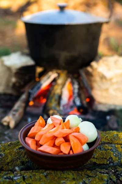 Açık ateşte hazırlanmış balık çorbası. Çaydanlıkta açık ateşte balık çorbası pişirmek. Turizm ve balıkçılıkta yemek pişirmek