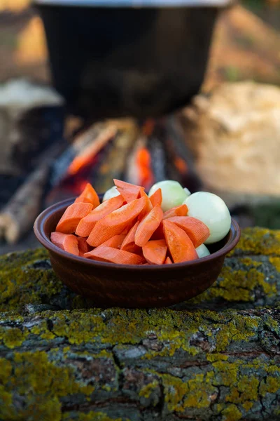 Açık ateşte hazırlanmış balık çorbası. Çaydanlıkta açık ateşte balık çorbası pişirmek. Turizm ve balıkçılıkta yemek pişirmek
