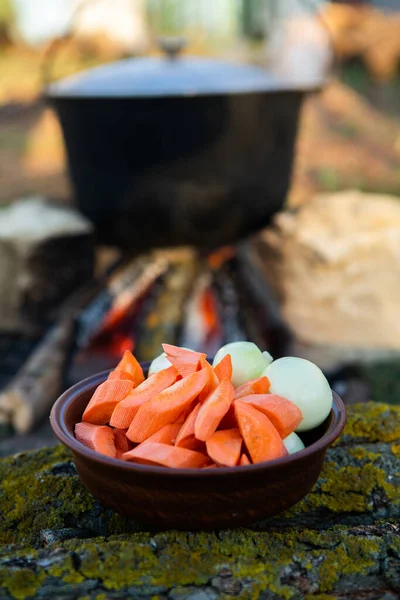 Açık ateşte hazırlanmış balık çorbası. Çaydanlıkta açık ateşte balık çorbası pişirmek. Turizm ve balıkçılıkta yemek pişirmek