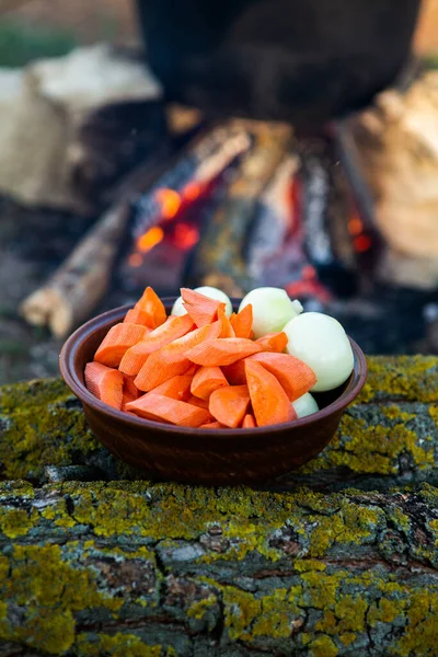 Açık ateşte hazırlanmış balık çorbası. Çaydanlıkta açık ateşte balık çorbası pişirmek. Turizm ve balıkçılıkta yemek pişirmek