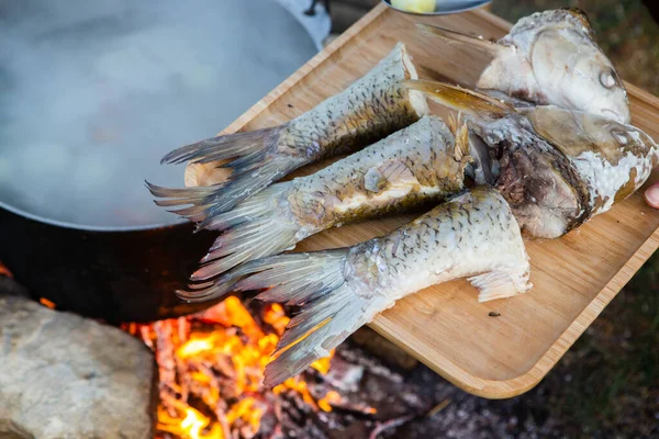 Açık ateşte hazırlanmış balık çorbası. Çaydanlıkta açık ateşte balık çorbası pişirmek. Turizm ve balıkçılıkta yemek pişirmek