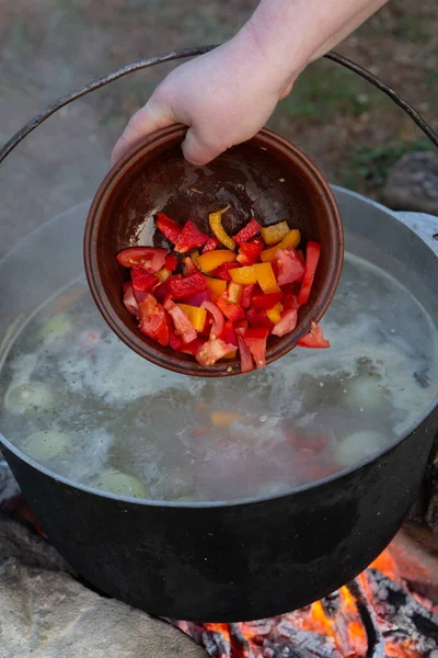 Açık ateşte hazırlanmış balık çorbası. Çaydanlıkta açık ateşte balık çorbası pişirmek. Turizm ve balıkçılıkta yemek pişirmek