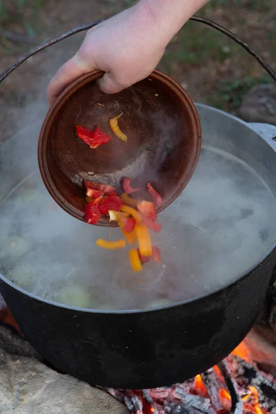 Açık ateşte hazırlanmış balık çorbası. Çaydanlıkta açık ateşte balık çorbası pişirmek. Turizm ve balıkçılıkta yemek pişirmek