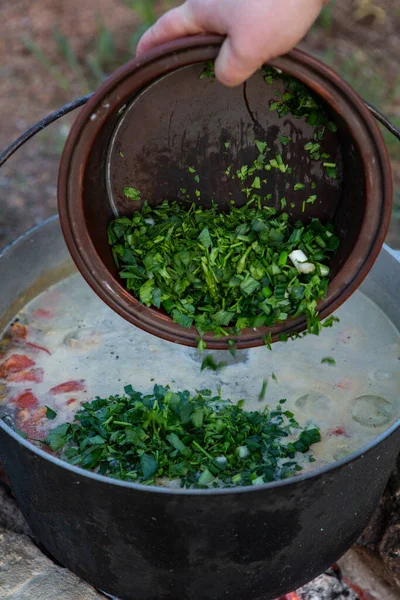 Рибний Суп Приготований Відкритому Вогні Приготування Рибного Супу Відкритому Вогні — стокове фото