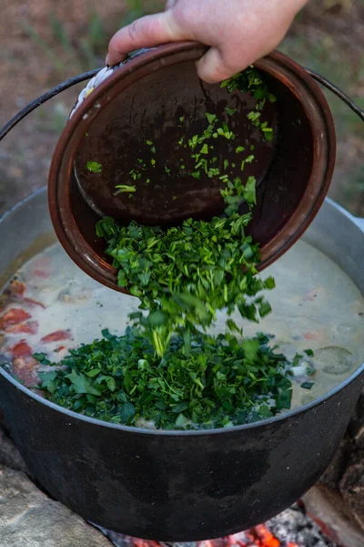 Açık ateşte hazırlanmış balık çorbası. Çaydanlıkta açık ateşte balık çorbası pişirmek. Turizm ve balıkçılıkta yemek pişirmek