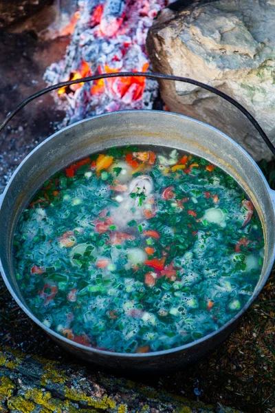 Açık ateşte hazırlanmış balık çorbası. Çaydanlıkta açık ateşte balık çorbası pişirmek. Turizm ve balıkçılıkta yemek pişirmek
