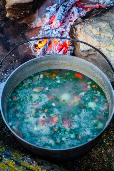 Açık ateşte hazırlanmış balık çorbası. Çaydanlıkta açık ateşte balık çorbası pişirmek. Turizm ve balıkçılıkta yemek pişirmek