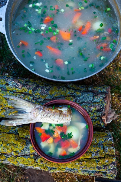 Açık ateşte hazırlanmış balık çorbası. Çaydanlıkta açık ateşte balık çorbası pişirmek. Turizm ve balıkçılıkta yemek pişirmek