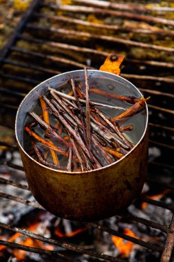 Vahşi doğada hayatta kalmak. Kamp ateşi arka planı. Ateşin üstünde vişneli çay çubuklarıyla tava. Vahşi doğada çay pişirmek....