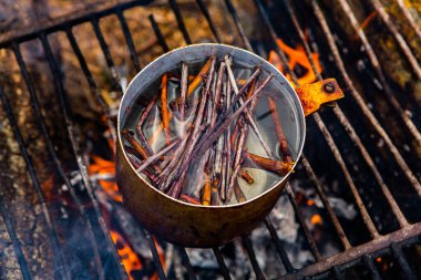 Vahşi doğada hayatta kalmak. Kamp ateşi arka planı. Ateşin üstünde vişneli çay çubuklarıyla tava. Vahşi doğada çay pişirmek....