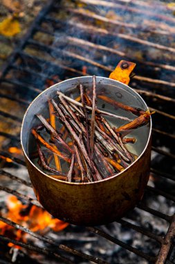 Vahşi doğada hayatta kalmak. Kamp ateşi arka planı. Ateşin üstünde vişneli çay çubuklarıyla tava. Vahşi doğada çay pişirmek....