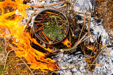 Vahşi doğada hayatta kalmak. Kamp ateşi arka planı. Ateşin üstünde vişneli çay çubuklarıyla tava. Vahşi doğada çay pişirmek....