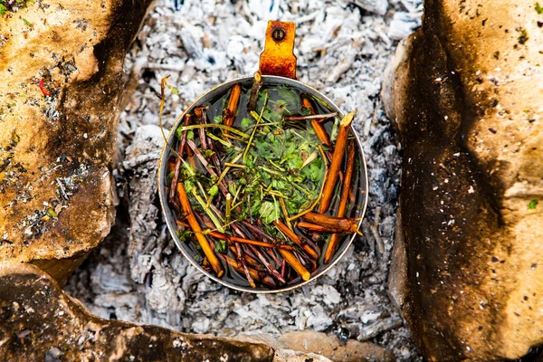 Vahşi doğada hayatta kalmak. Kamp ateşi arka planı. Ateşin üstünde vişneli çay çubuklarıyla tava. Vahşi doğada çay pişirmek....