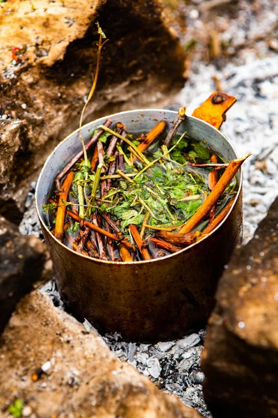 Vahşi doğada hayatta kalmak. Kamp ateşi arka planı. Ateşin üstünde vişneli çay çubuklarıyla tava. Vahşi doğada çay pişirmek....