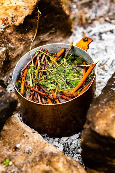 Vahşi doğada hayatta kalmak. Kamp ateşi arka planı. Ateşin üstünde vişneli çay çubuklarıyla tava. Vahşi doğada çay pişirmek....