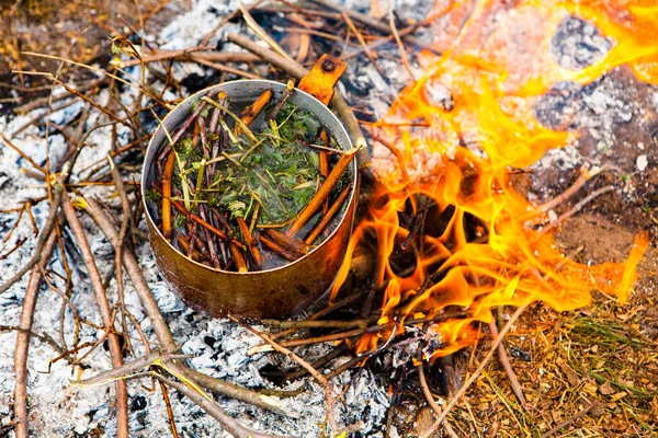 Überleben Freier Natur Lagerfeuerhintergrund Pfanne Mit Kirschtee Über Dem Feuer — Stockfoto