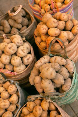 Lima, Peru 'daki markette taze meyve ve sebzeler. Yerel çiftçiler tarafından satılan sebzeler.