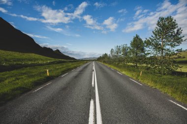 Very picturesque empty road in iceland in summer. Asphalt road as a symbol of freedom and travel.