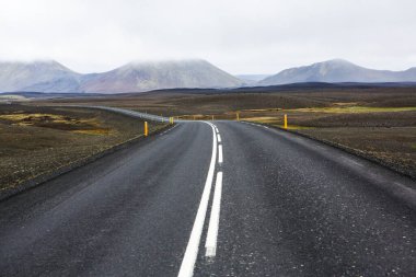 Yazın İzlanda 'da çok pitoresk boş bir yol. Asfalt yolu özgürlük ve seyahatin sembolü..