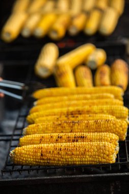 Taze kavrulmuş ya da ızgara corncobs. Izgarada Mısır sokakta Satılık.