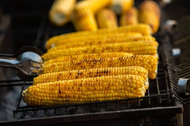 Taze kavrulmuş ya da ızgara corncobs. Izgarada Mısır sokakta Satılık.