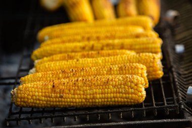 Taze kavrulmuş ya da ızgara corncobs. Izgarada Mısır sokakta Satılık.