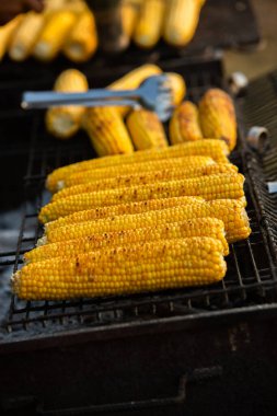 Taze kavrulmuş ya da ızgara corncobs. Izgarada Mısır sokakta Satılık.