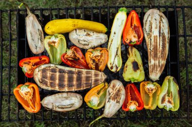 Fresh vegetables prepared on the grill outside. Tomatoes, sweet peppers, eggplant cooked outside.