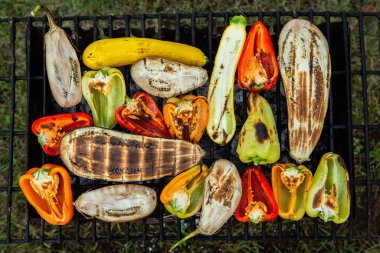 Fresh vegetables prepared on the grill outside. Tomatoes, sweet peppers, eggplant cooked outside.
