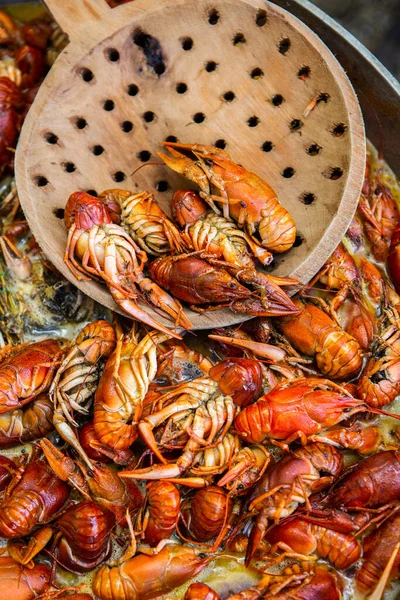 Boiled Red Crayfish Crawfish Herbs Crayfish Boiling Pot Fire — Stockfoto