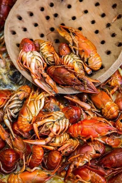 Boiled Red Crayfish Crawfish Herbs Crayfish Boiling Pot Fire — Stockfoto