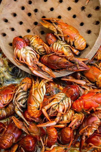 Boiled Red Crayfish Crawfish Herbs Crayfish Boiling Pot Fire — Stock fotografie