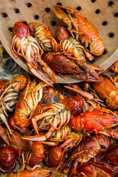 Boiled Red Crayfish Crawfish Herbs Crayfish Boiling Pot Fire — Foto de Stock