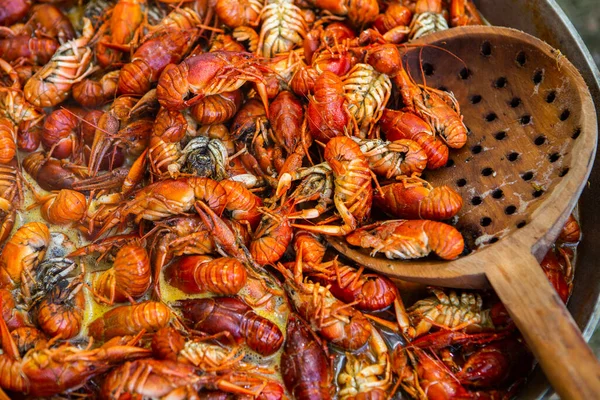 Boiled Red Crayfish Crawfish Herbs Crayfish Boiling Pot Fire —  Fotos de Stock