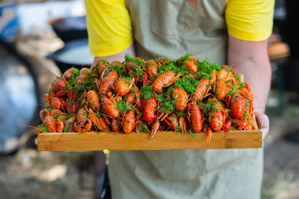 Boiled Red Crayfish Crawfish Herbs Crayfish Boiling Pot Fire — Stock fotografie